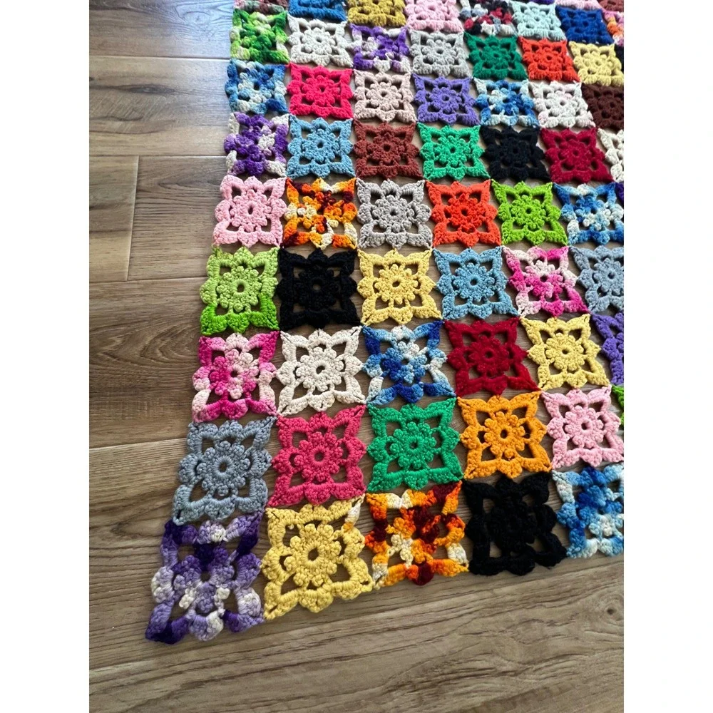 Vintage Handmade Crochet Granny Square Blanket Multi Color Patchwork Throw 55x65